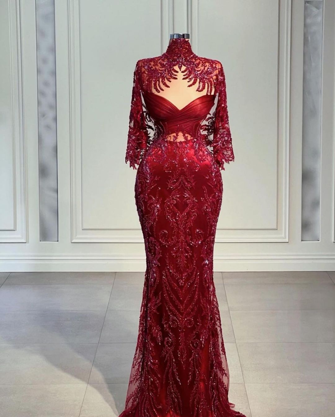 Plus Size Arabic Aso Ebi Burgundy Mermaid Sexy Prom Dresses High Neck Stylish Evening Formal Party Second Reception Birthday Engagement Gowns Dress ZJ