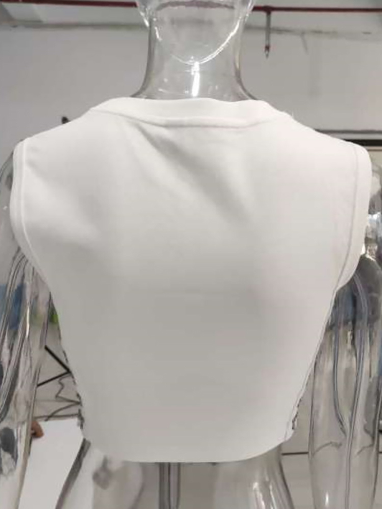 DEAT Women Fashion Slim White Round Neck Sleeveless Patchwork Side Waist Buckle Threaded Vest Summer Autumn 7E1365 220325