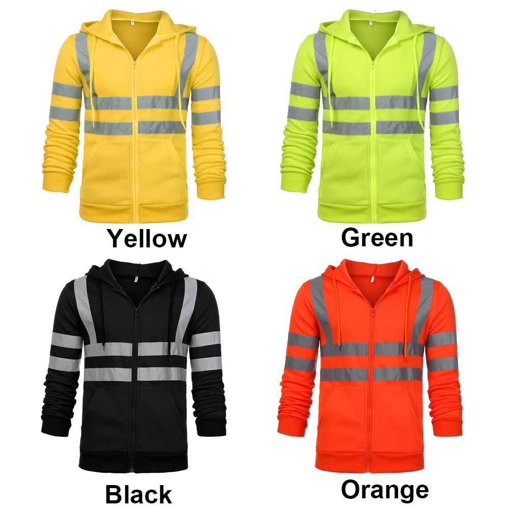 Men's Hoodies Sweatshirts Tops Fleece Sweatshirt Zip Hooded Night Work High Visibility Jacket Hi Viz Vis Reflective Pullover Hoodie 230206