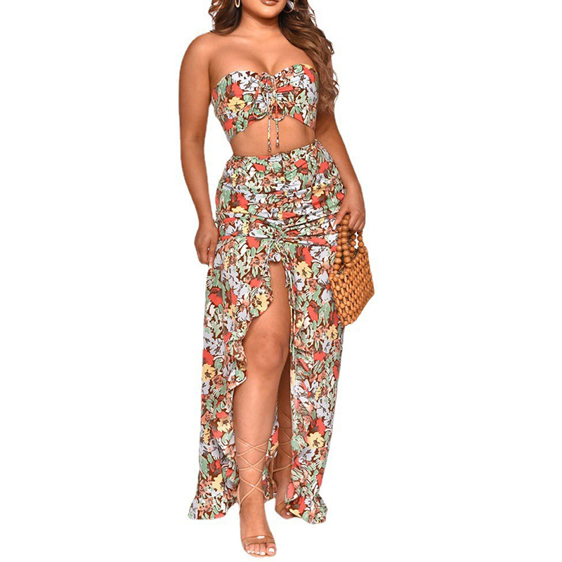 Spring Sexy Chest Wrap Off Shoulder Short Top And Folds Ruffle Long Skirt Suit Ladies Elegant Set Floral Print Party 2 Piece 220602
