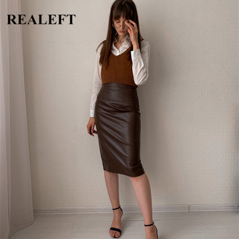 REALEFT Autumn Winter PU Faxu Leather Women Mi-long Wrap Skirts High Waist Back Split Sheath Pencil Sexy Skirt Female 220317