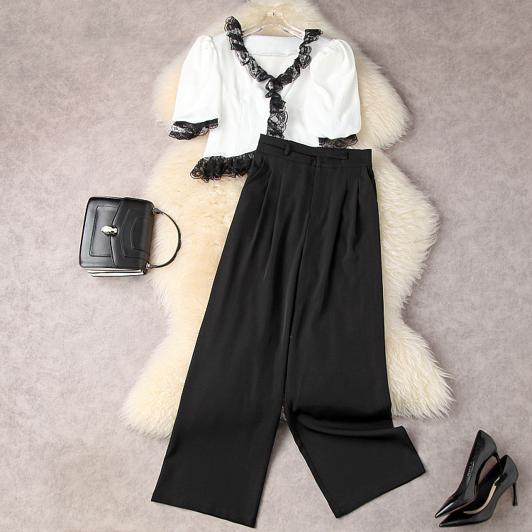 European and American women's wear spring 2022 new Lace v-neck shirt with half-sleeve Wide-legged pants Fashion suits, White
European and American women's wear spring 2022 new Lace v-neck shirt with half-sleeve Wide-legged pants Fashion suits, White