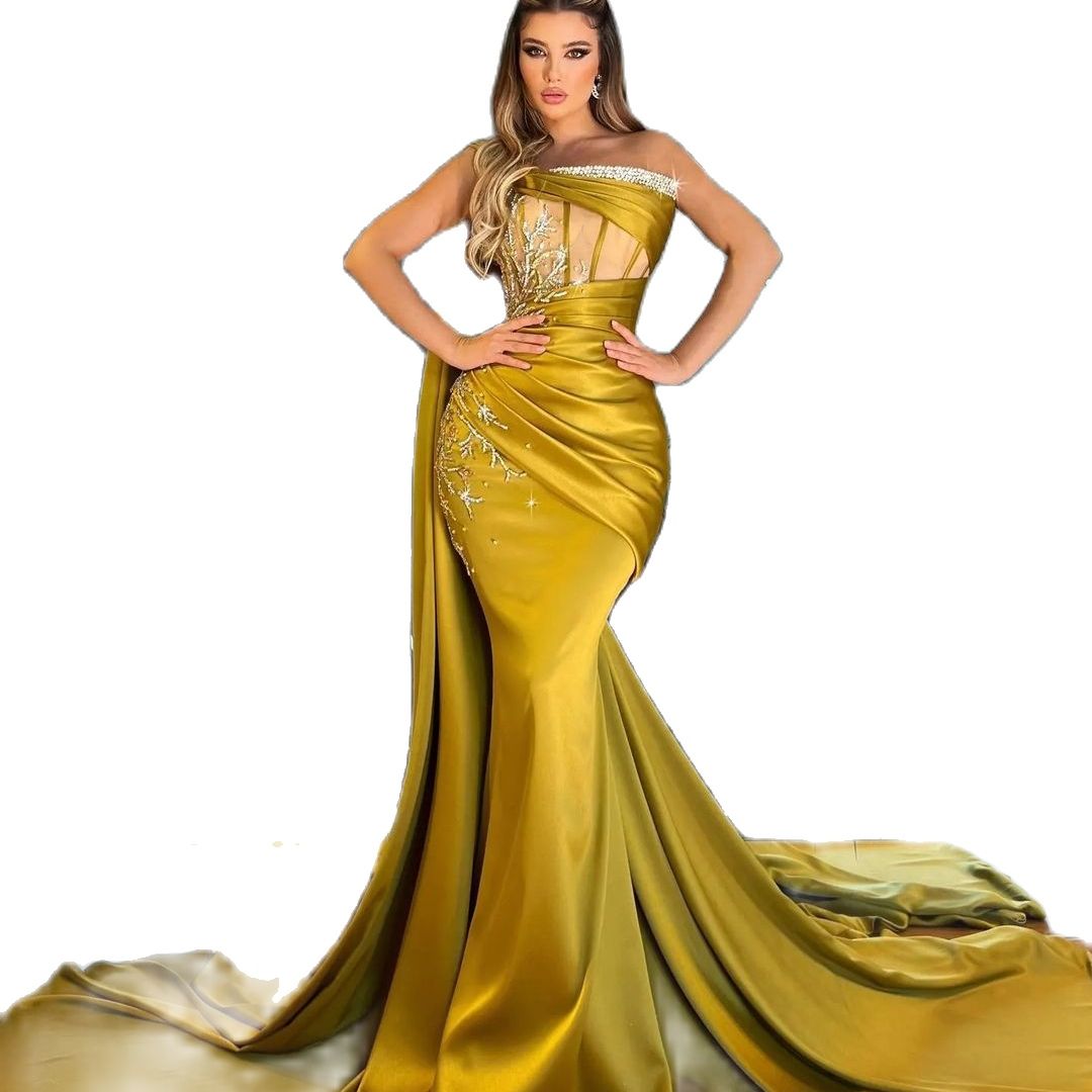 Strapless Mermaid Prom Dresses Sexy Bilng Bling Beads Lace Applique Saudi Women Evening Sheath Gowns Robe De Soiree