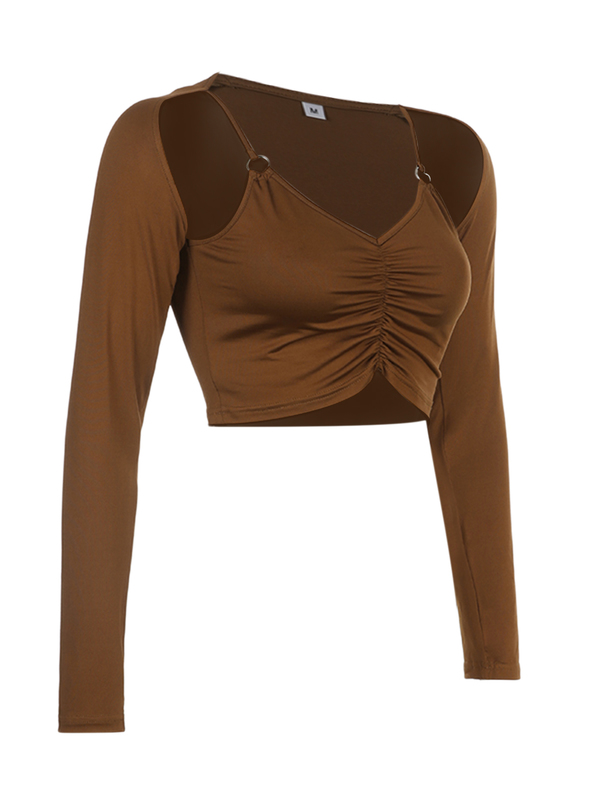 Fashion Women Crop Top T Shirts Solid Long Sleeve Deep V Neck Cropped Navel Shirt Blouse Party Spring Fall Clothes 220714