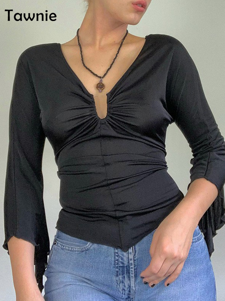 Gitana Vintage Flared Sleeve T Shirt Woman V Neck Slim Crop Top Kawaii Tee Shirts Tops Autumn Female Clothing Fairy Grunge 220328