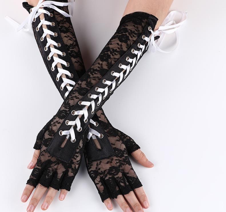 Fingerless Lace Up Long Gloves Costume Accessories Party Black Elbow Glove Steampunk Gloves Stretchy Arm Warmer for Women Girls