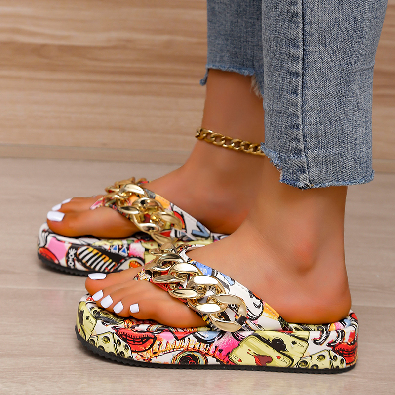 Women Summer Colorful Graffiti est Fashion Chain Flip-ps Sandal New Slippers Shoes Woman Flat Platform Sandals Plus Size 43 220506