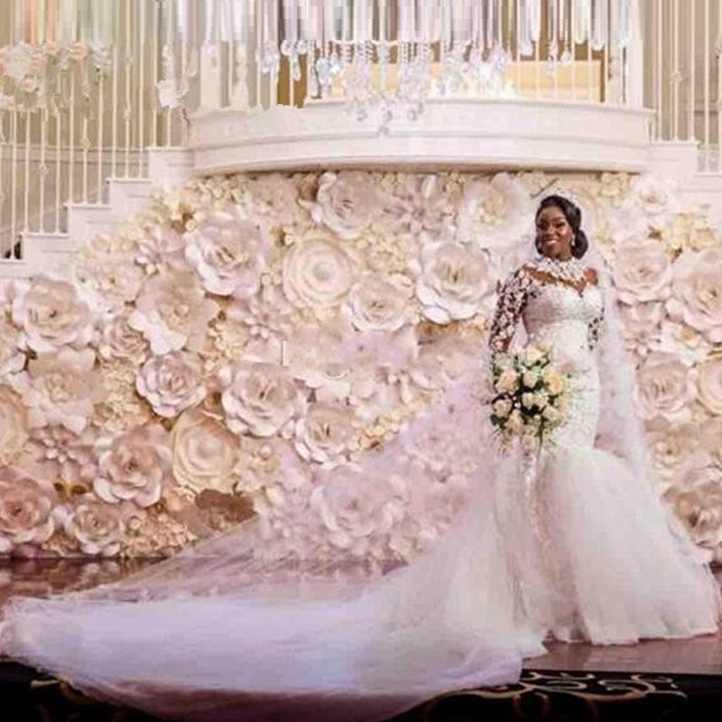 Cystal Beading Long sleeves Vintage Lace Mermaid Wedding Dress High Neck Appliques Plus Size Africa Wedding Dresses