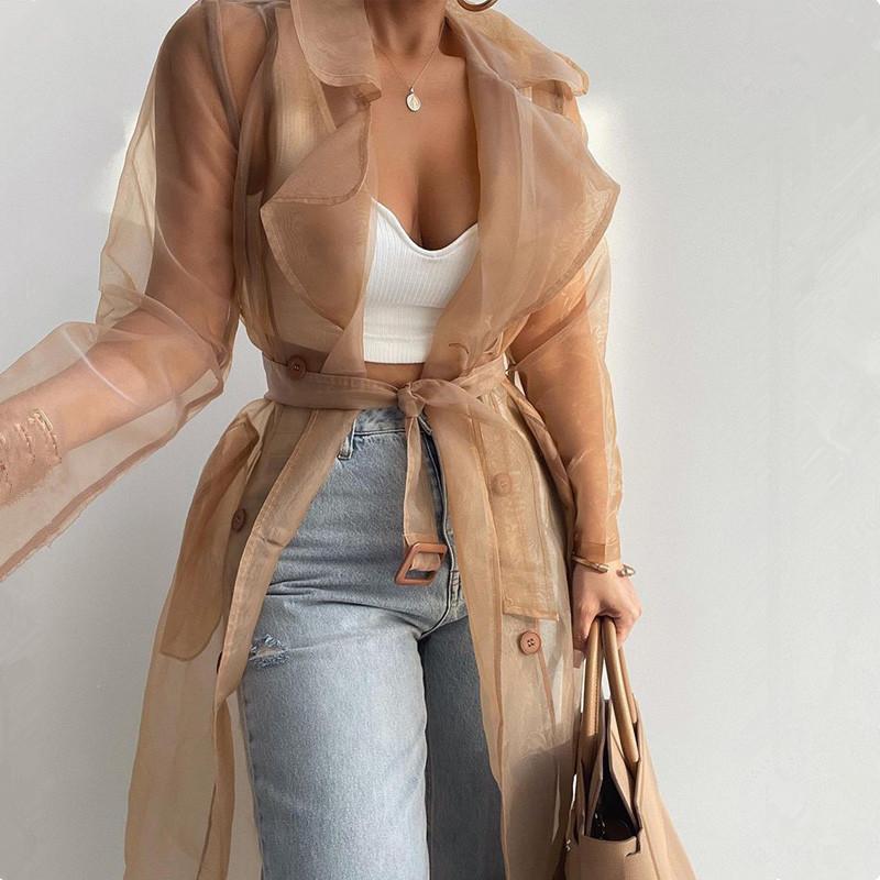 Women039s Jackets Women Spring Summer See Through Outdoor Long Coat Sheer Mesh Full Sleeve Buttoned With BeltWomen039s