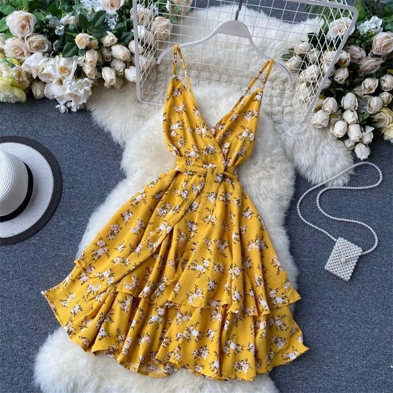 New Summer Flower Print Spaghetti Strap Dress Female V Neck High Waist Sexy Dress Ladys Red Mini Dress T200603