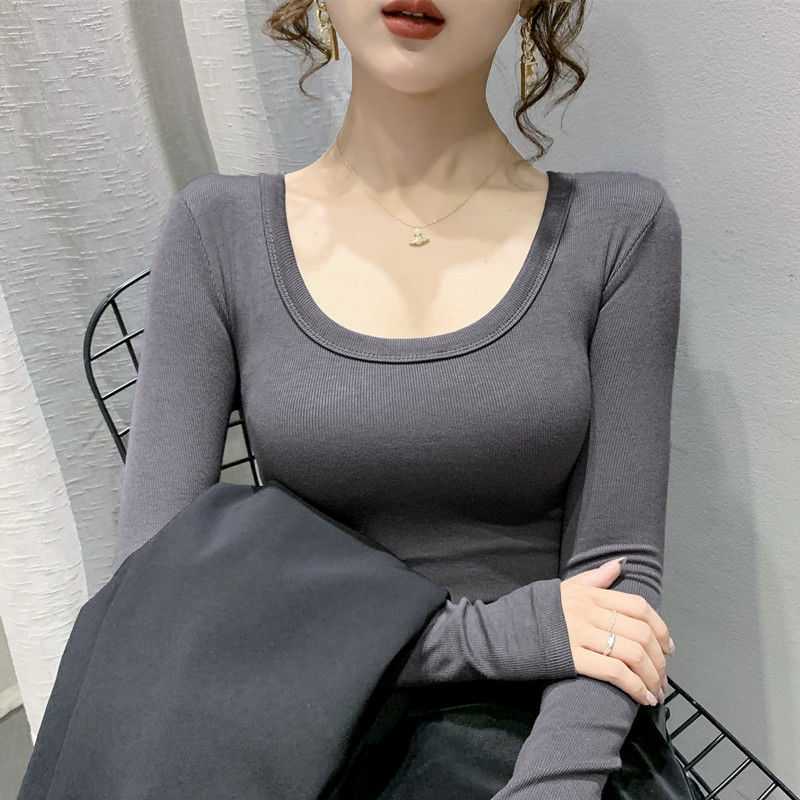 Women Long Sleeve Sexy T-Shirt Autumn U Neck Solid Rib Knit Basic Tee Tops Slim Fashion Korean Female Pullover T-shirt 220328
