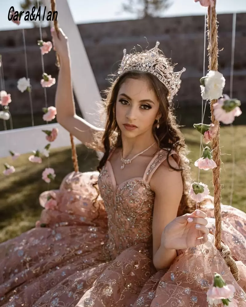 Dusty Pink Gorgeous Quinceanera Dresses Crystals Beaded Ball Gown Straps Sequins Applique Ruffles Pageant Formal Dress Sweet Birthday Party Prom Gowns