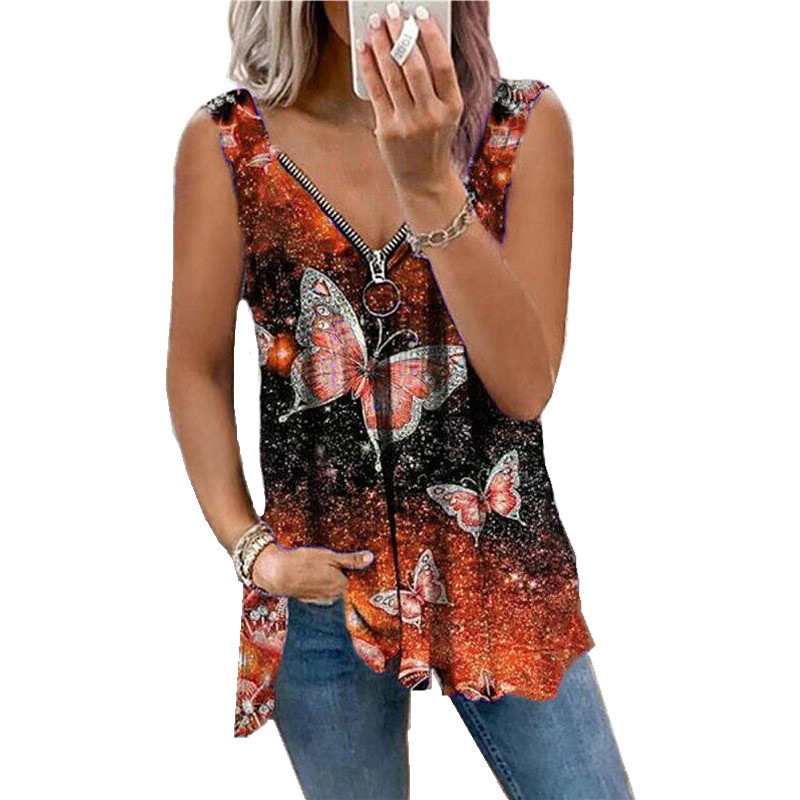 Plus Size Women Fashion V-Neck Zipper Sexy Loose T-Shirt Vest Summer Sleeveless Tops Female 220325