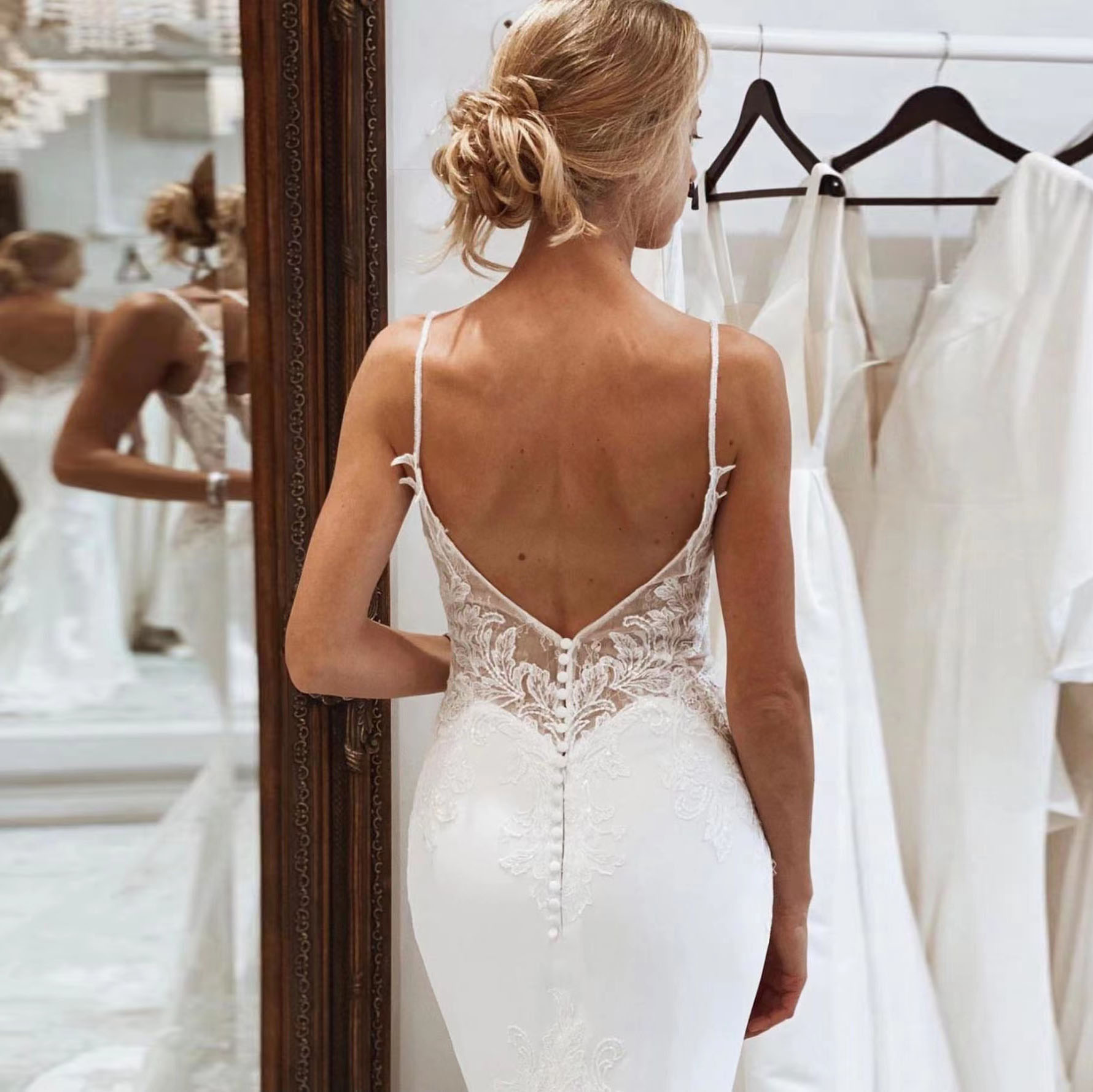 Boho Wedding Dress 2022 Appliques V Neck Backless Lace Mermaid Bridal Gowns Spaghetti Strap Sexy Country Wedding Party Dresses