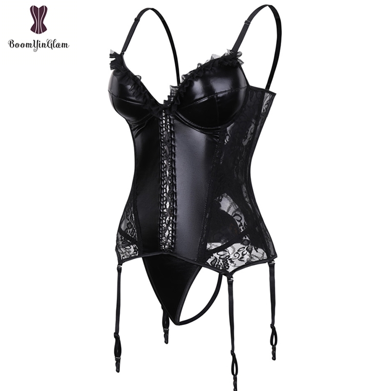 Black Shinny Womens Steampunk Gothic Lace Corset Faux Leather Bra Bustier Lingerie Plus Size SXXXXXXL 220812