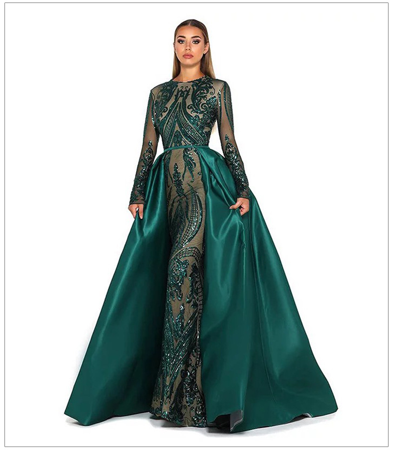 Vintage Dubai Mermaid Evening Dress With Detachable Train Muslim Sequin Prom Dresses Emerald Green 2022 Long Sleeve Formal Party Gowns Abaya Caftan ro