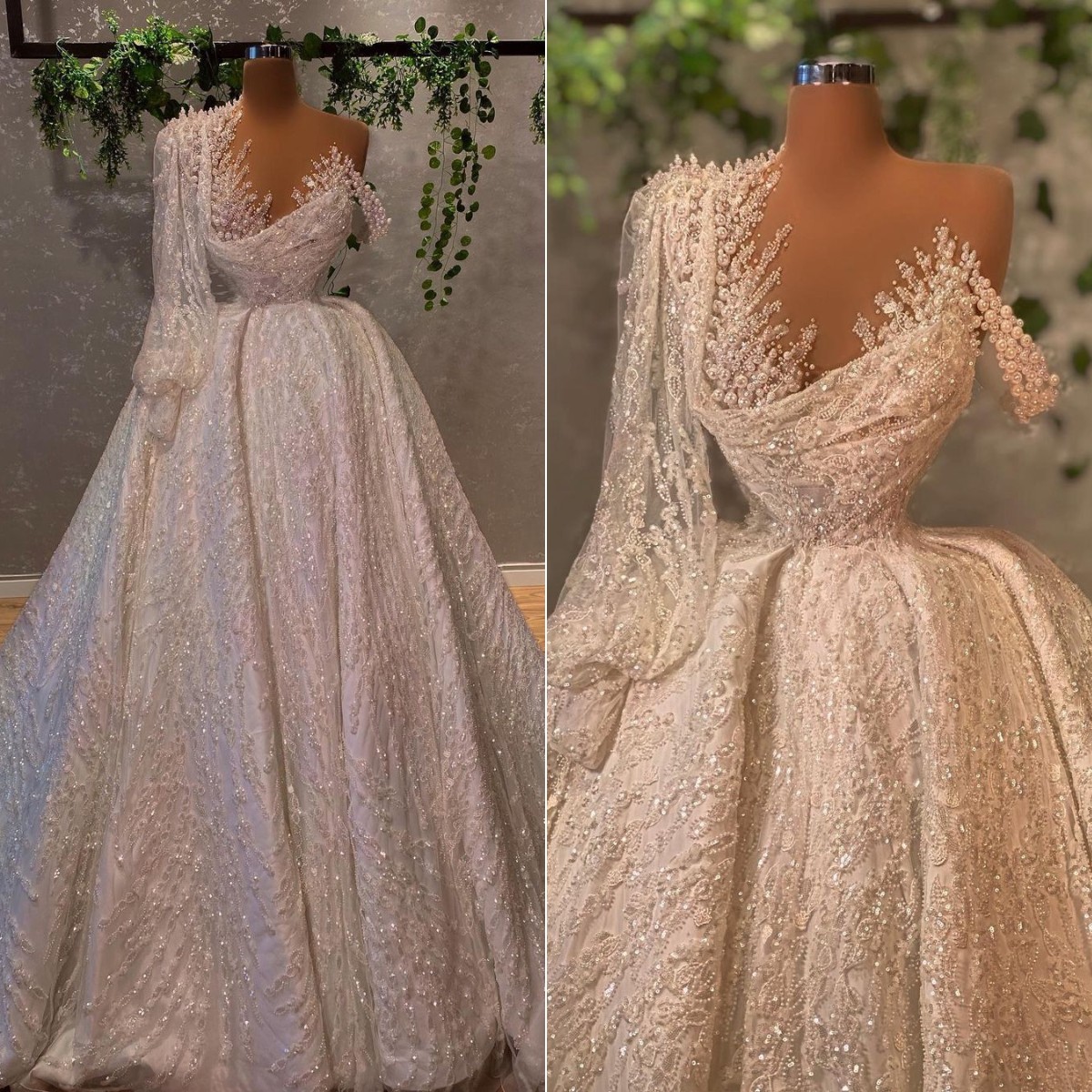 Princess urious Ball Gown Wedding Dresses Bridal Sexy V Neck One Long Sleeve Backless Lace Appliques Sequins Sweep or Ruffles Gowns Satin Custom Made 
