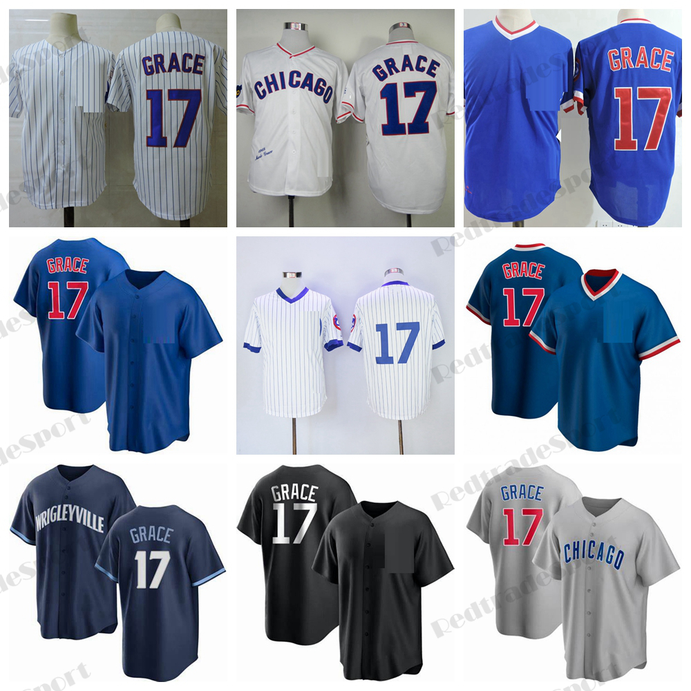 Mens 17 Mark Grace Baseball Jerseys Vintage 1968 Blue Pullover Grey White Jersey Stitched Shirts