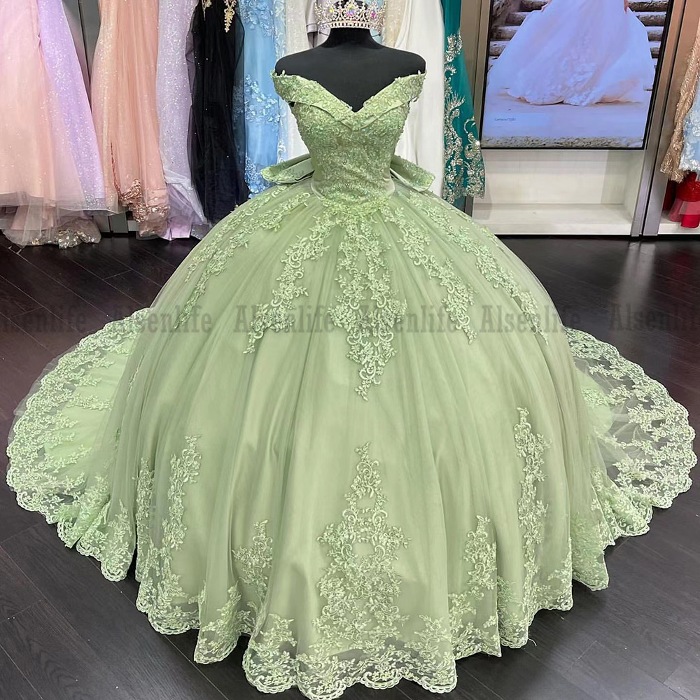 Green Quinceanera Dresses Lace Applique Off The Shoulder Sweet 16 Mexican Girls Bow vestidos de XV anos