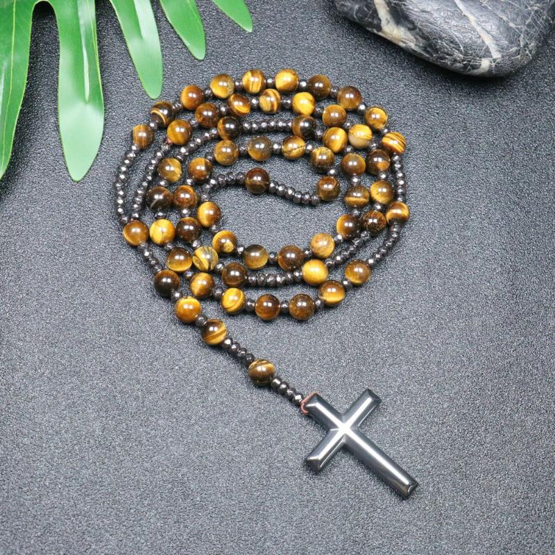 Pendant Necklaces Natural Tiger Eye Beaded Necklace For Women Men Catholic Christ Rosary Hematite Cross Male JewelryPendant