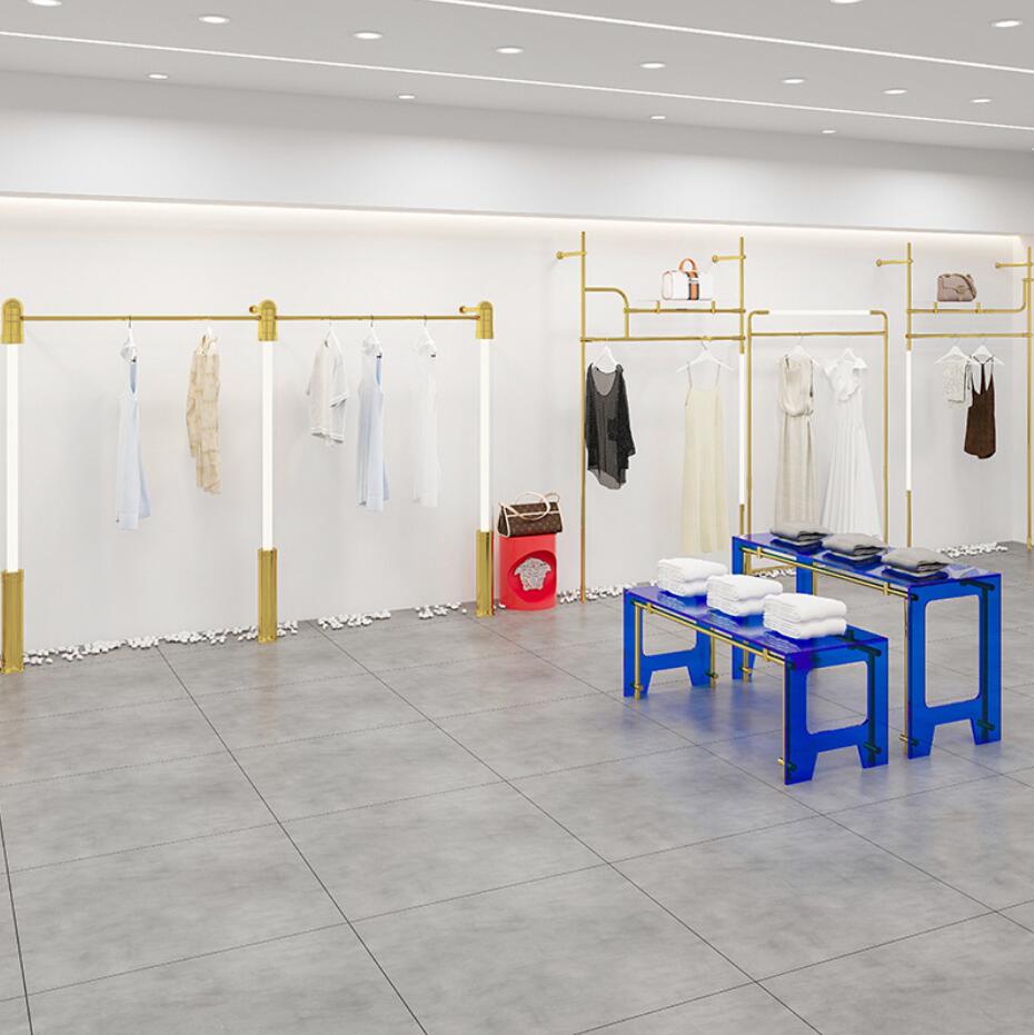 Women's clothing rack Commercial Furniture gold light-emitting band lamp acrylic wall show combination racks landing cloth store display shelf