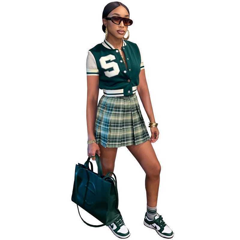 Women Baseball Tracksuits 2023 New Summer Two Piece Dress Sets Short Sleeve Embroidered Letter Varsity Jacket Plaid Skirt Suit