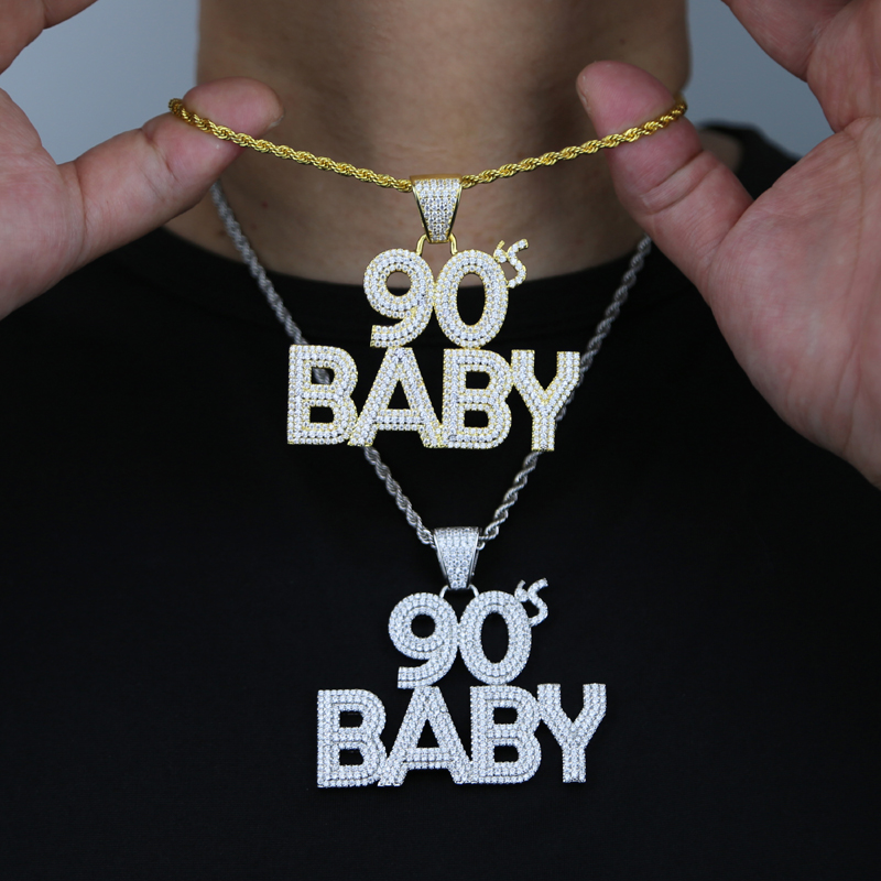 Iced Out Bling Hip Hop CZ Letters 90S BABY Pendant Necklace Gold Silver Color Zircon 90 Charm Necklace Men's Women Jewelry