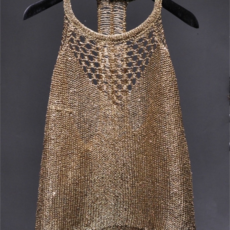 Summer sexy hollow out knitted camis women shiny bling sequined tanks tops sequins gold 220316