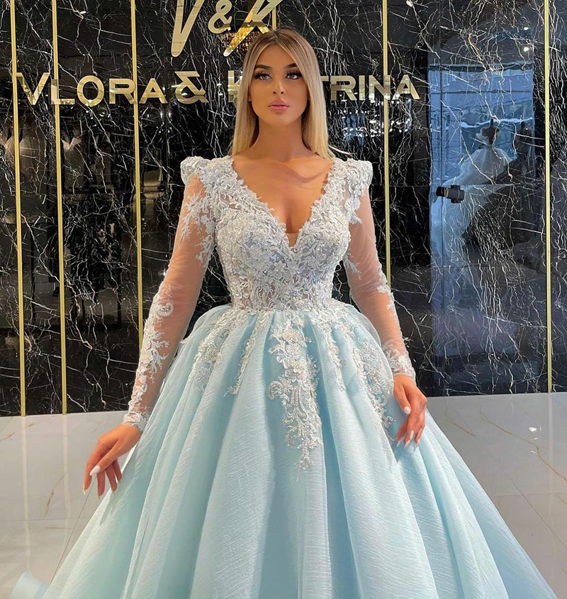 Blue A-Line Prom Dresses Princess Long Sleeves V Neck Appliques Sequins Elegant 3D Lace Ruffles Floor Length Party Gowns Plus Size Custom Made 0431