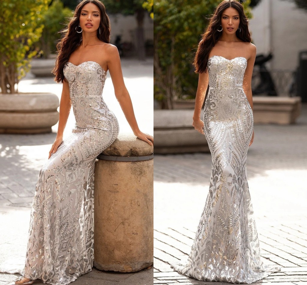Fashion Gray /Navy Blue Mermaid Long Evening Dresses 2022 Strapless Bling Sequine Prom Party Gown Slim Fit Lovely Banquet Women Vestidos Fiesta Robe D