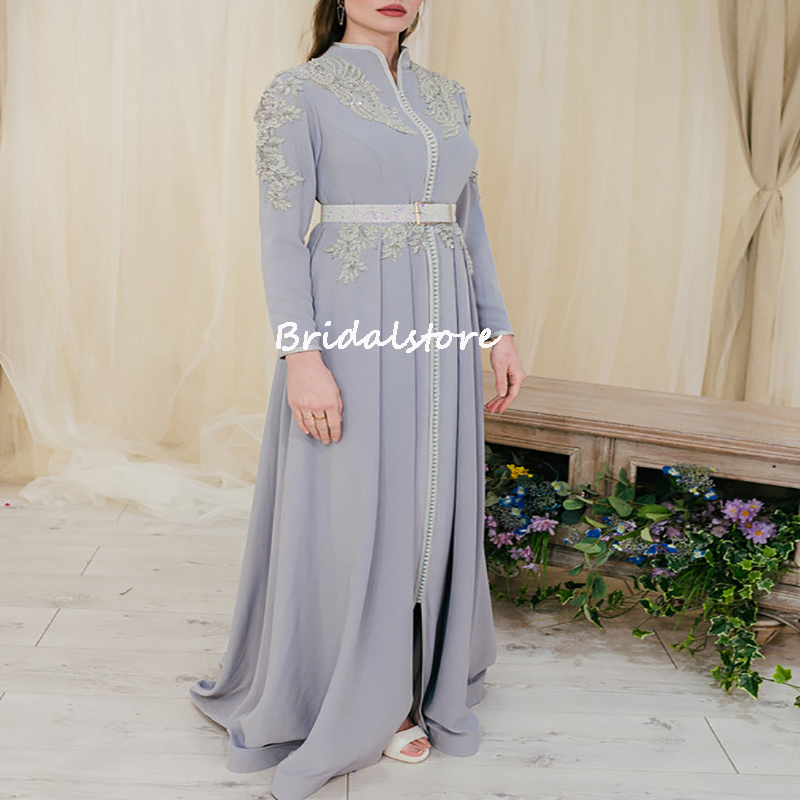 Chic Dusty Blue Arabic Turkey Evening Dress Jumpsuit Overskirt Train Long Sleeve Prom Dresses 2022 Algerian Moroccan Party Gown Formal Outfit Receptio