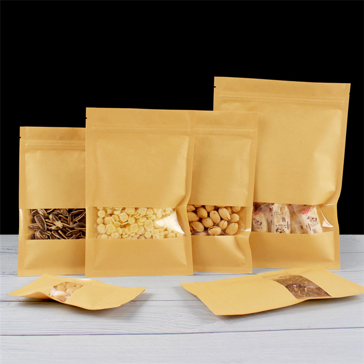 100pcs Flat Bottom Kraft Paper Clear Window Zip Lock Packaging Bag Resealable Biscuits Coffee Powder Snack Candy Cereals Heat Sealing Gift Storage Pou