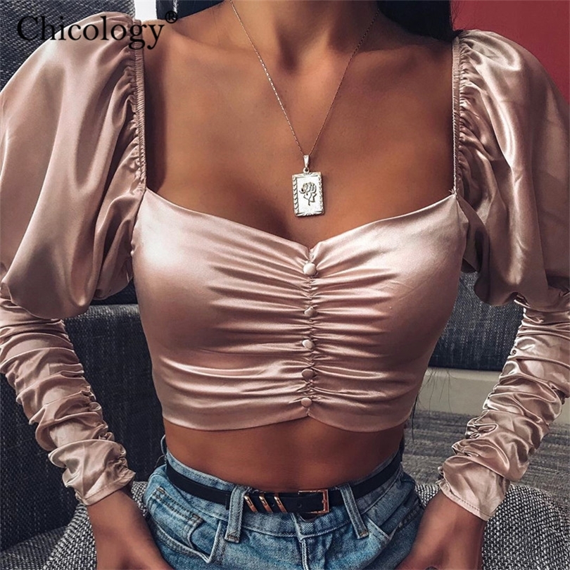 Chicology office lady blouse puff long sleeve women crop top 2019 autumn winter female elegant sexy party casual clothes T200321