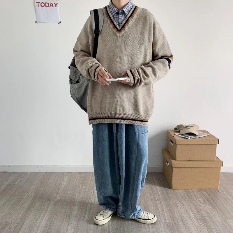 Vneck Spliced Pullover Sweaters Men Autumn Vintage Knitted Clothing Loose Student Harajuku BF College Japanese Jumper Homme Top 220817