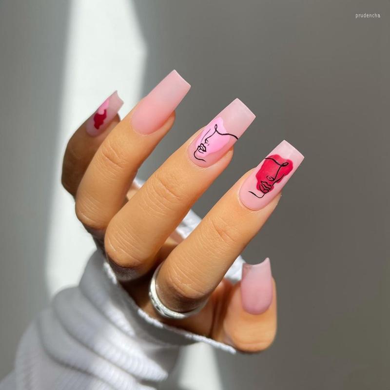 False Nails 24Pcs Long Coffin Pink Graffiti Design Artificial Ballerina Fake With Glue Full Cover Nail Tips Press On Prud22, No glue