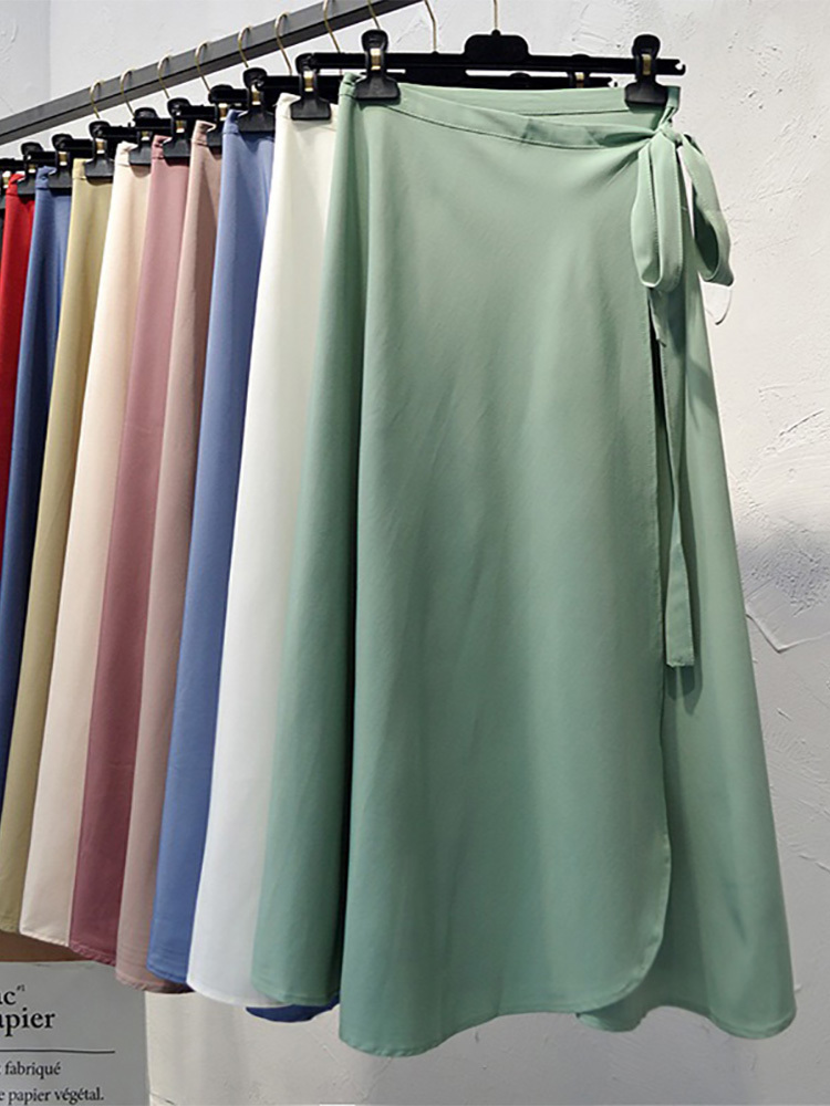 Croysier Summer Skirts Womens High Waist Side Tie Beach Casual Wrap Skirt Women Solid Elegant Midi Skirt Woman Clothes 220701