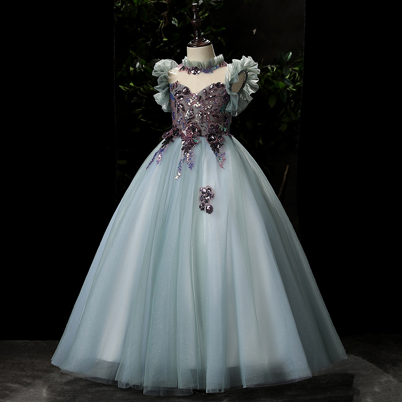 2023 Pretty Fairty Flower Girls Dress High Neck Long 3D Floral Apliques Girls Pageant Dresses Lovely Hand Made Flowers Birthday Dress