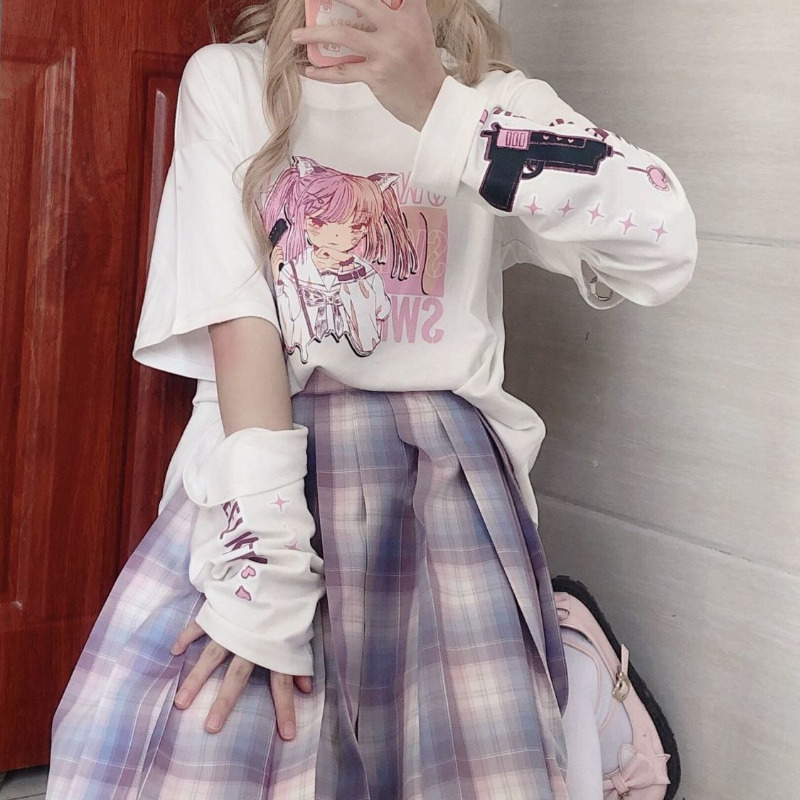 HOUZHOU Anime Print Graphic T-shirt Women Summer Goth Top Mujer Split Sleeves E Girl Y2k Clothes Aesthetic Harajuku Kawaii Tees 220321