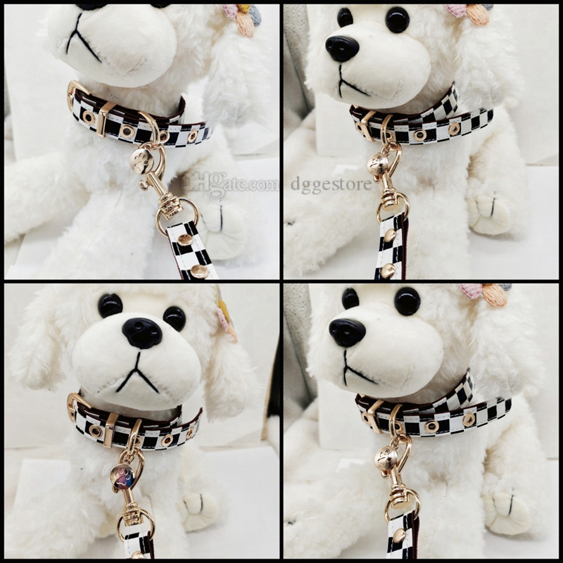 Classic Black White Plaid Collars and Leashes Set Soft Designer Leather Dog Collar for Small Dogs Poodie Chihuahua Pomeranian Yorkshire Outdoor Walk B