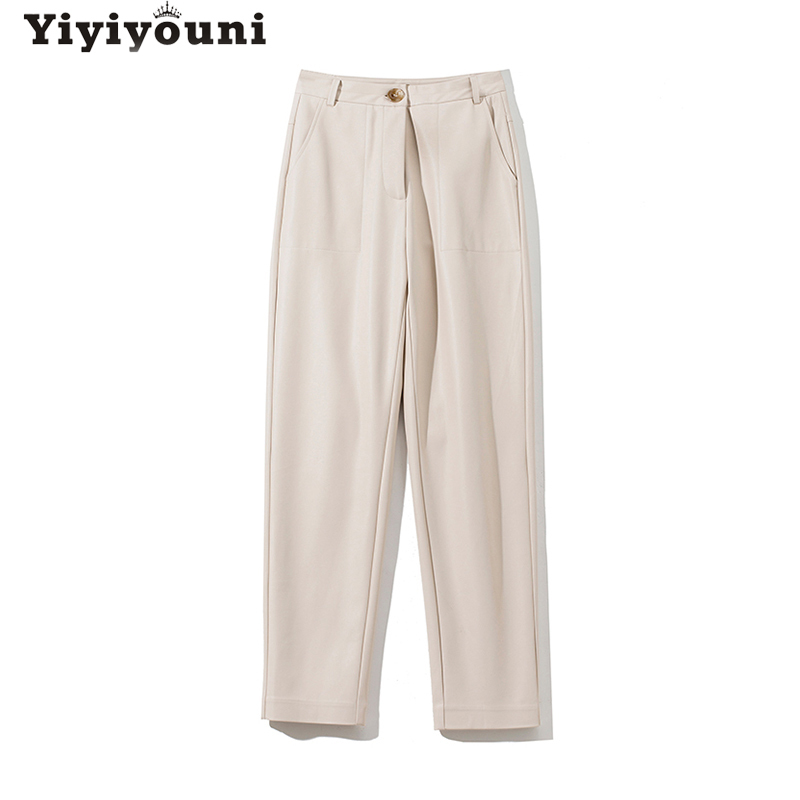 Yiyiyouni Autumn Winter High Waist Fleece PU Leather Pant Casual Faux Trouser Pockets Straight Female 220325