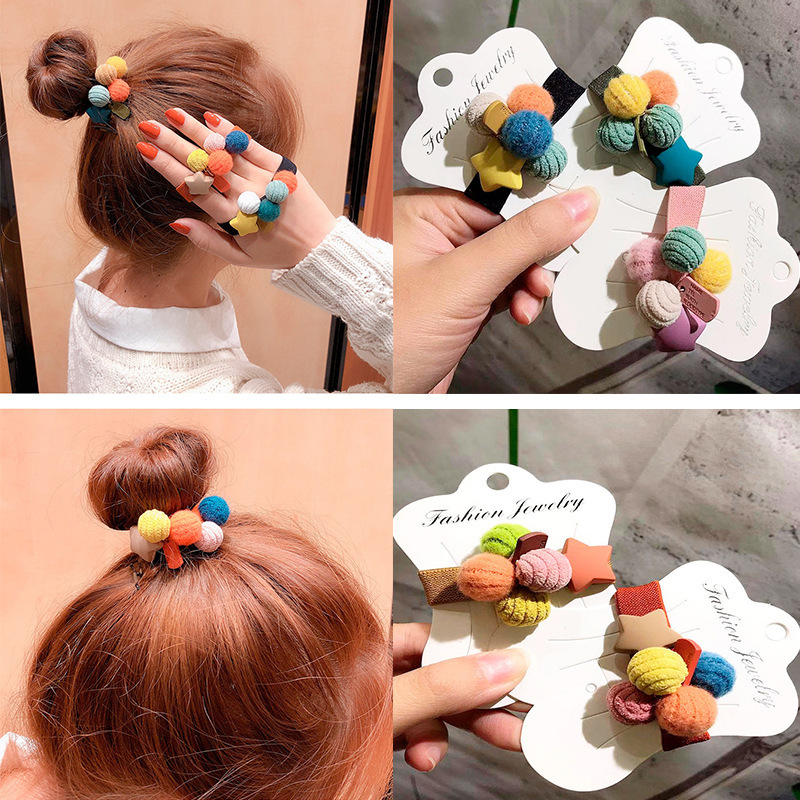 Cute Star Wool Ball Hair Rope for Girl Hair Tie Hair Accessories for Women Rubber Band Kid Ponytail Holder Korean Hairwear 2022 0615