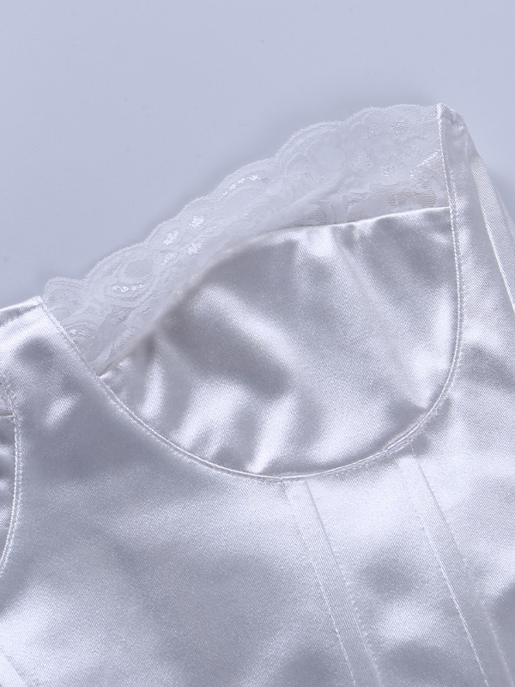Viifaa Lace Trim White Satin Strapless Sexy Corset Crop Top Women Zipper Back Tight Bustier Clubwear Party Female Slim Tops 220325