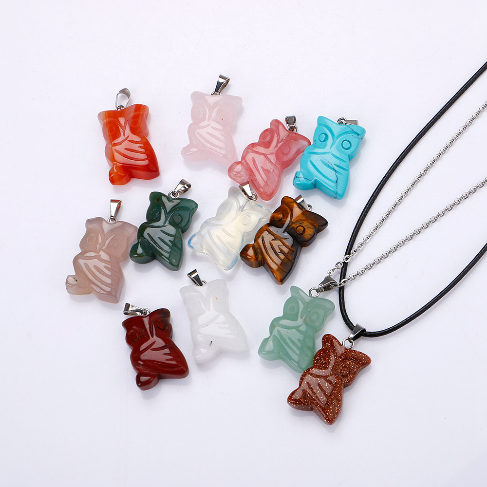 Natural stone Chakra Reiki Healing Quartz Crystal Carve Owl Pendant Necklace for women men jewelr