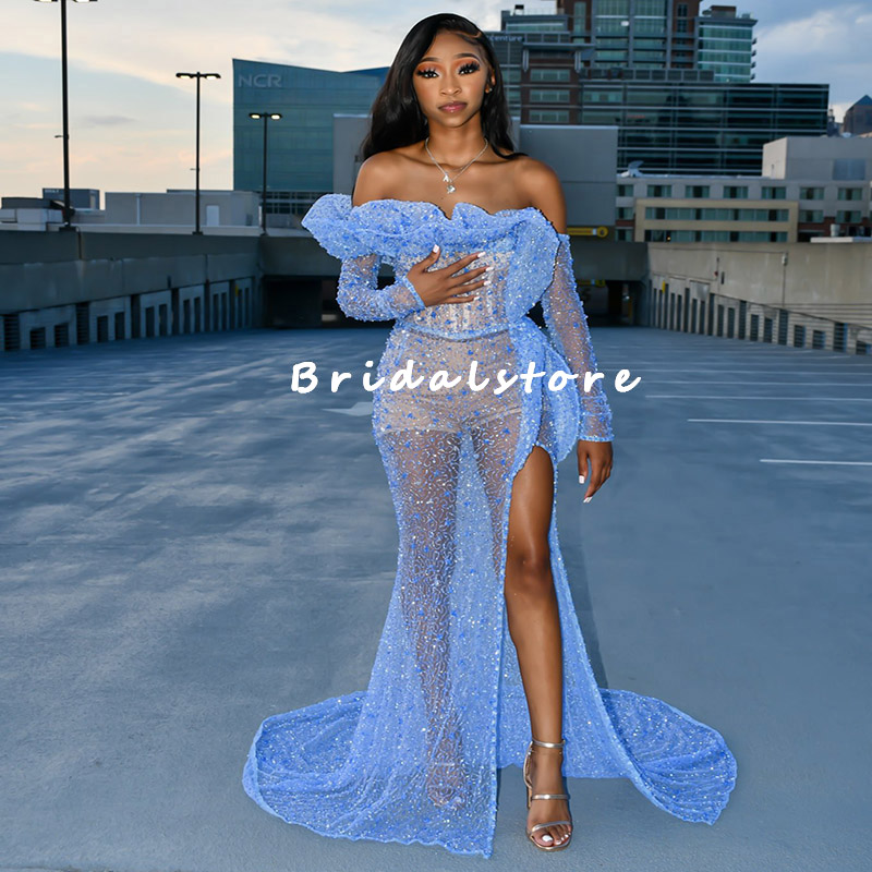 Sparkly Blue Sequins Prom Dress 2022 For Black Girls Aso Ebi Boat Neck Long Sleeve Mermaid Evening Gowns Slit Short Pant Party Wear Ladies Vestios Rob