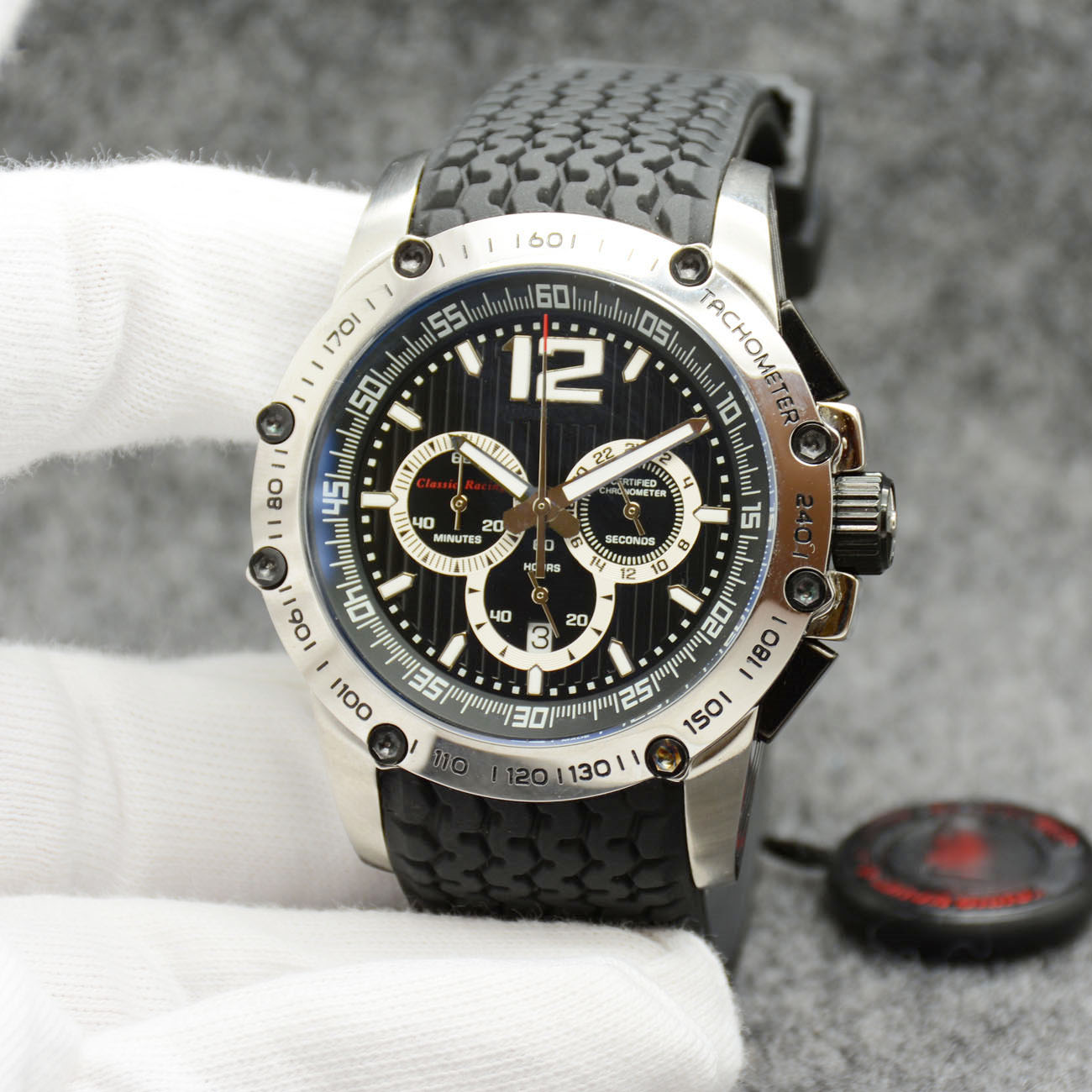 Retro Style Mens Watch Classic Racing Superfast Chrono Quartz Watches On A Symbolic Tread Pattern Black Dial Rubber Band, No send watch for shipping
Retro Style Mens Watch Classic Racing Superfast Chrono Quartz Watches On A Symbolic Tread Pattern Black Dial Rubber Band, No send watch for shipping