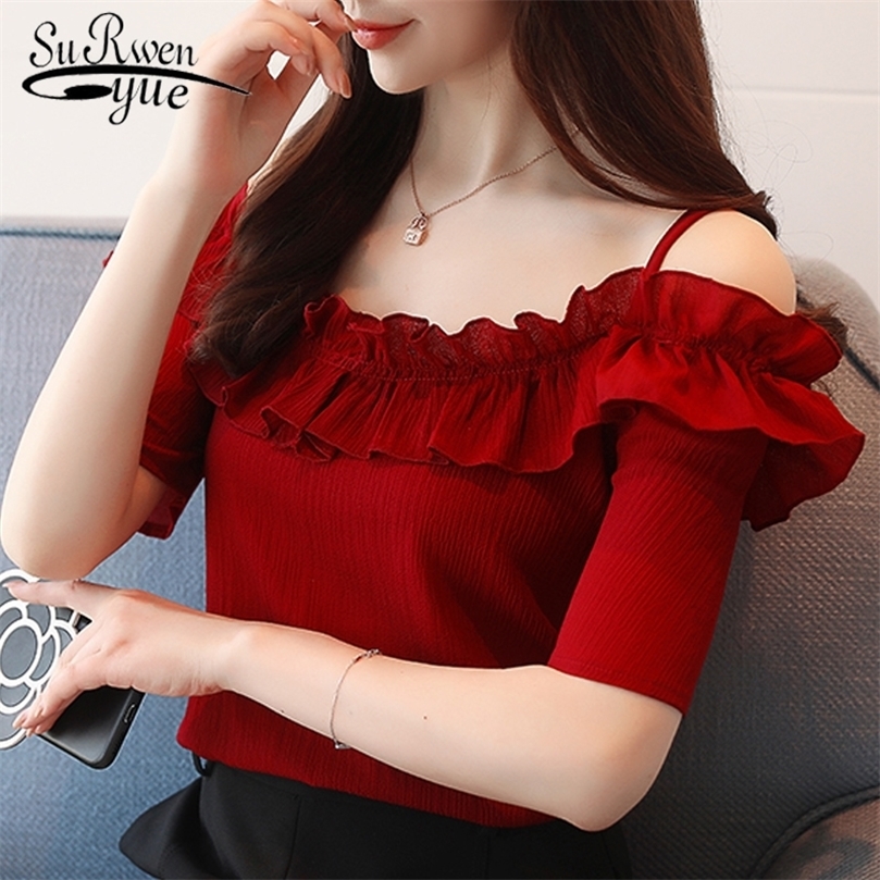 And Ladies Tops Sexy Slash Neck Women's Clothes Short Chiffon White Blouse Shirt Women D825 30 210308