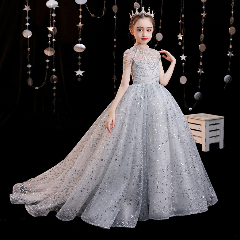 Princess Sliver Flower Dresses Lace 3D Floral Appliques Sequined Ball Gown Little Girl Birthday Party Gowns Sweep Train Kids Formal Wear 403