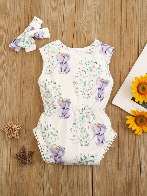 Baby girl floral and elephant graphic jumpsuit and headband SHE