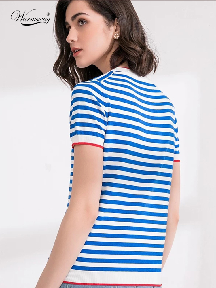 Sale Promotion ! Thin Knitted T Shirt Women Clothes Summer Woman Short Sleeve Tees Tops Striped Casual T-Shirt Female B-019 220321