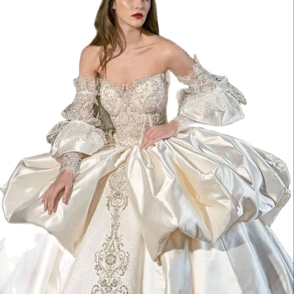 Luxury Arabic Dubai Ball Gown Wedding Dresses Lace Strapless Vestido de Noiva Satin Long Sleeve Beads Bridal Gowns